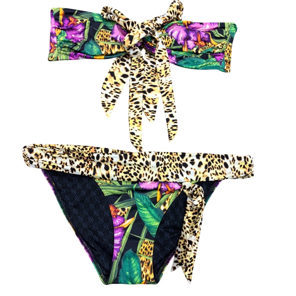 Victoria's Secret Bikini Set Tropical Floral Leopard Print Jeweled Bandeau S